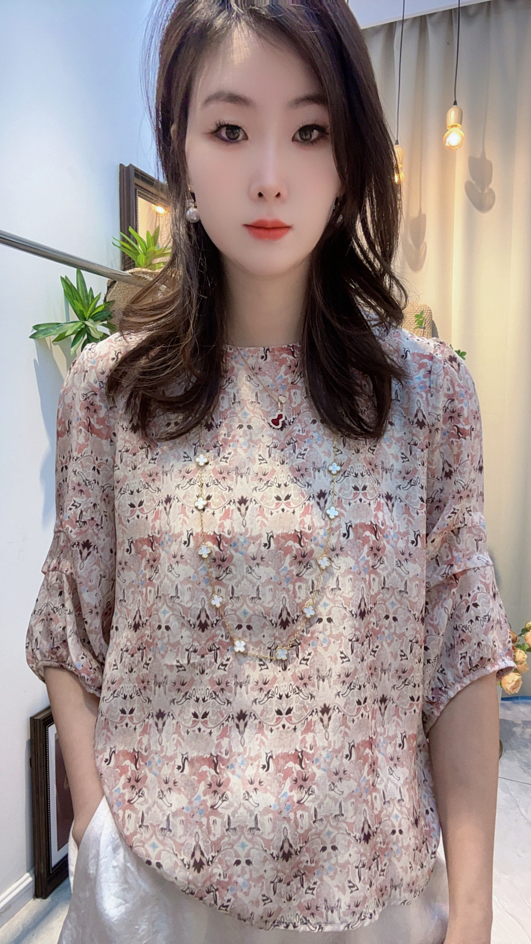 100%桑蚕丝双绉时尚百搭淡粉色印花上衣