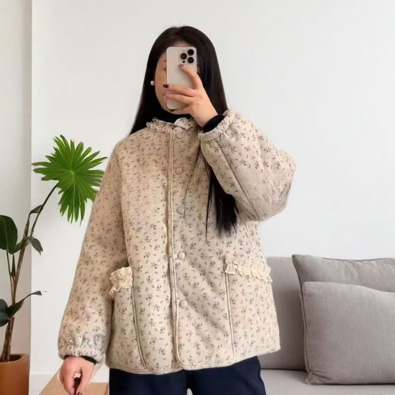 抗寒零下15冬季女士三层加厚棉袄加绒加厚碎花保暖可外家居服单件