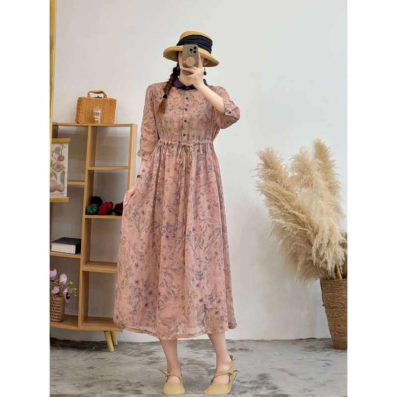 （有内衬）翻领单排扣数码印花纯苎麻七分袖连衣裙女长裙JL 2407-8