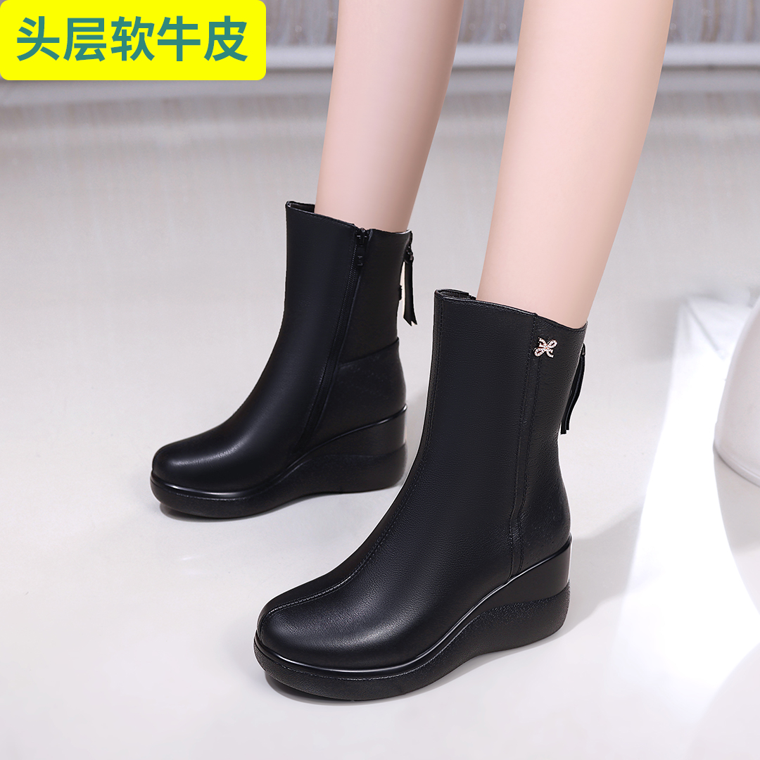 头层牛皮坡跟单靴防水台保暖女秋冬棉靴靴女鞋深口拉链圆头棉鞋
