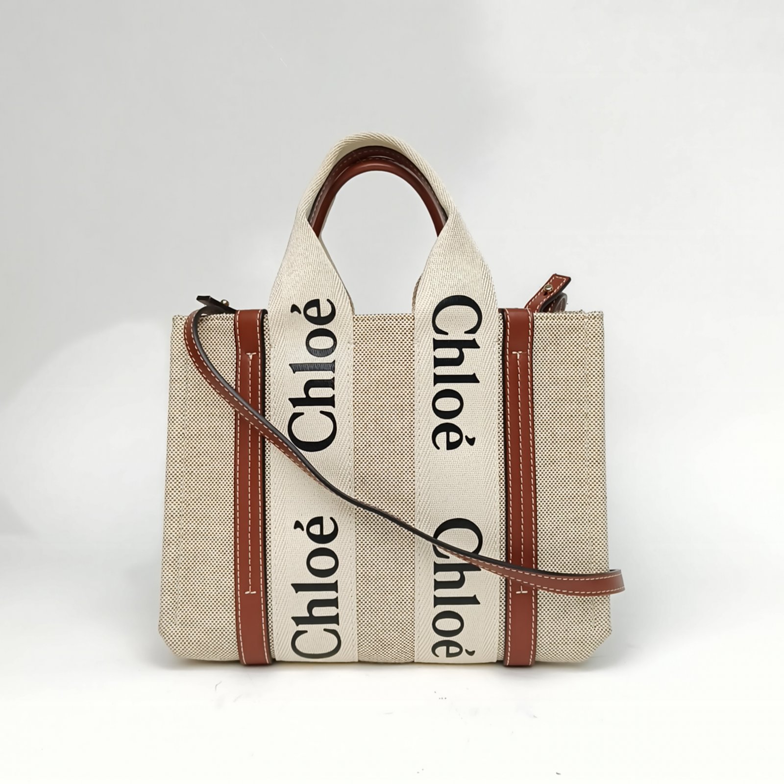 95新 Chloe/蔻依 【娇】Woody Tote 26 米白色 帆布 230776