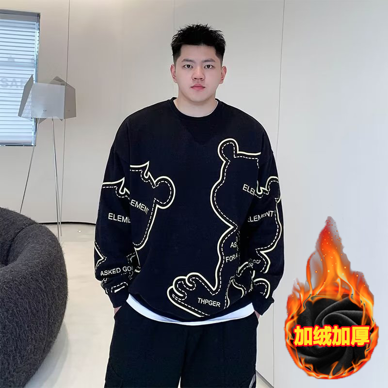 特大码300斤男装胖子加肥加大宽松圆领卡通印花卫衣加绒加厚上衣
