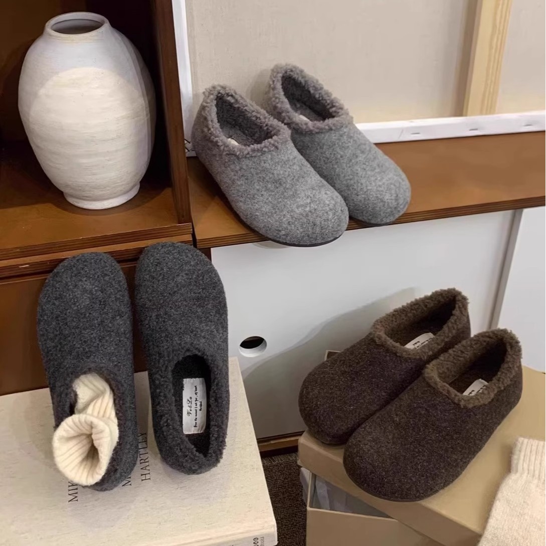 灰色毛毛鞋女冬外穿呢子单鞋一脚蹬平底勃肯鞋女加绒保暖豆豆棉鞋