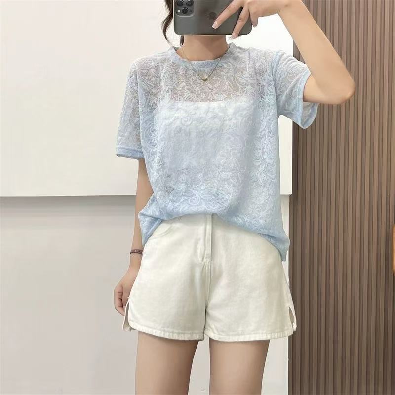 9719 新款重工绣花圆领垫肩短袖T恤宽松薄透打底衫上衣