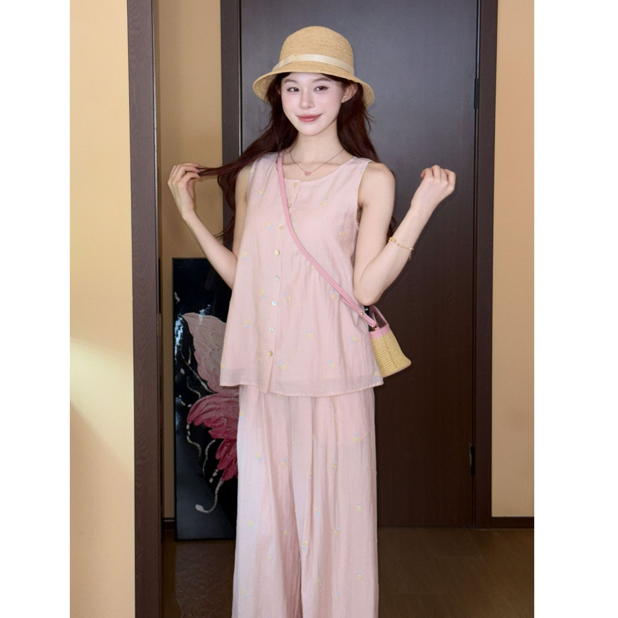 【人棉 麻】气质 时尚 小众 美静粉色套装XMZH7638