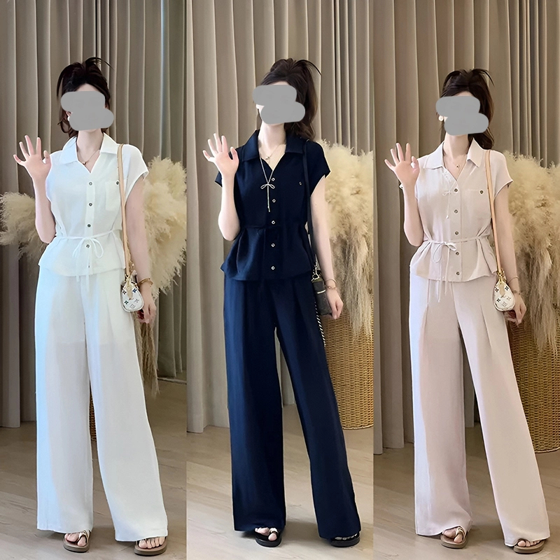 韩版时尚套装夏季新款简约百搭通勤短袖衬衫宽松休闲裤子两件套潮