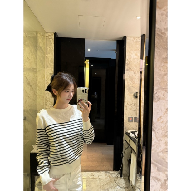 【Cikky定制】条纹短款秋季毛衣修身型百搭秋冬毛针织衫圆领打底衫