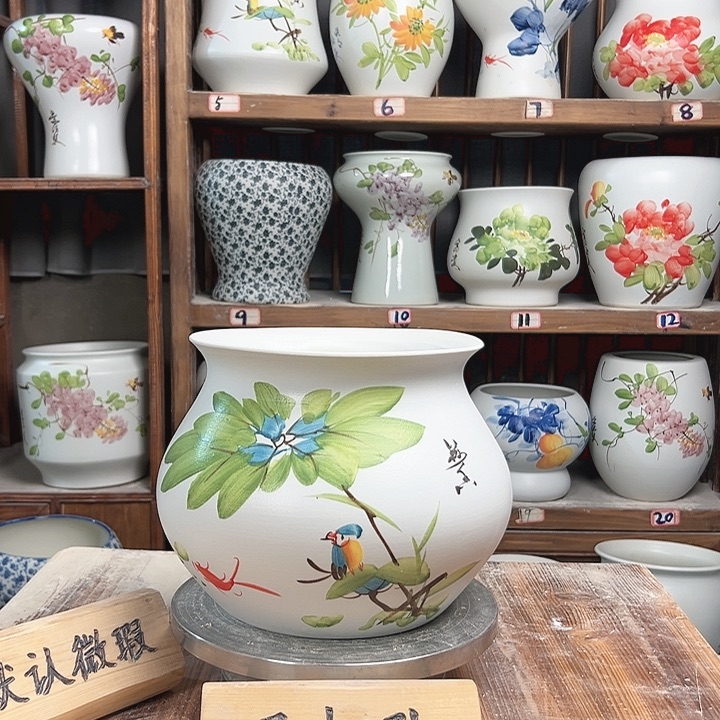 摆件钱袋子荷花鸟新款陶瓷