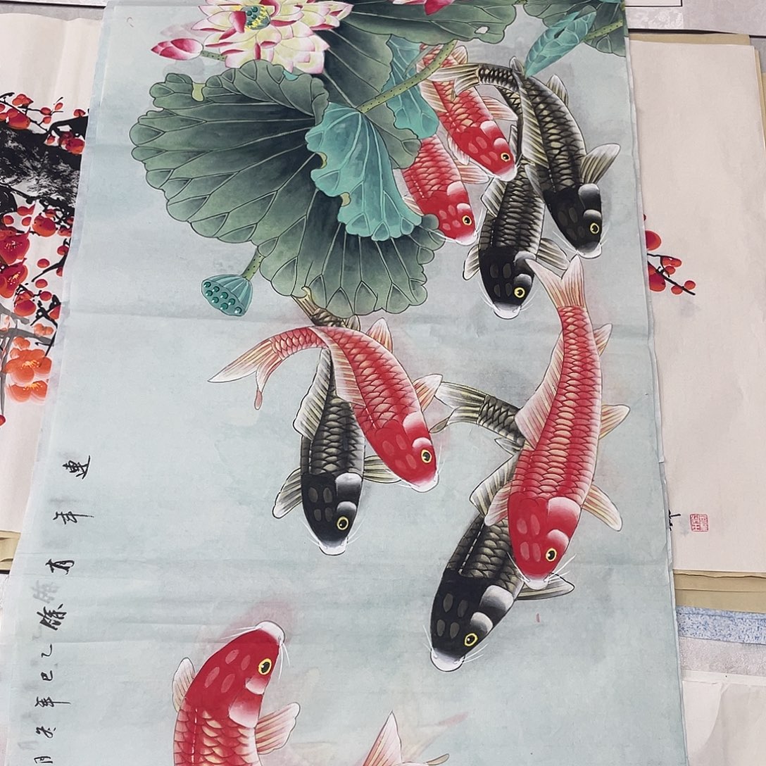 国画国画作品原稿四尺横幅荷花鱼王