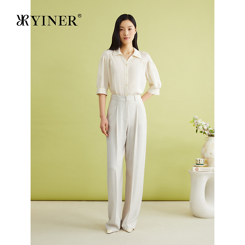 YINER音儿女装夏季法式弹力重绉桑蚕丝混纺翻V领衬衫上衣
