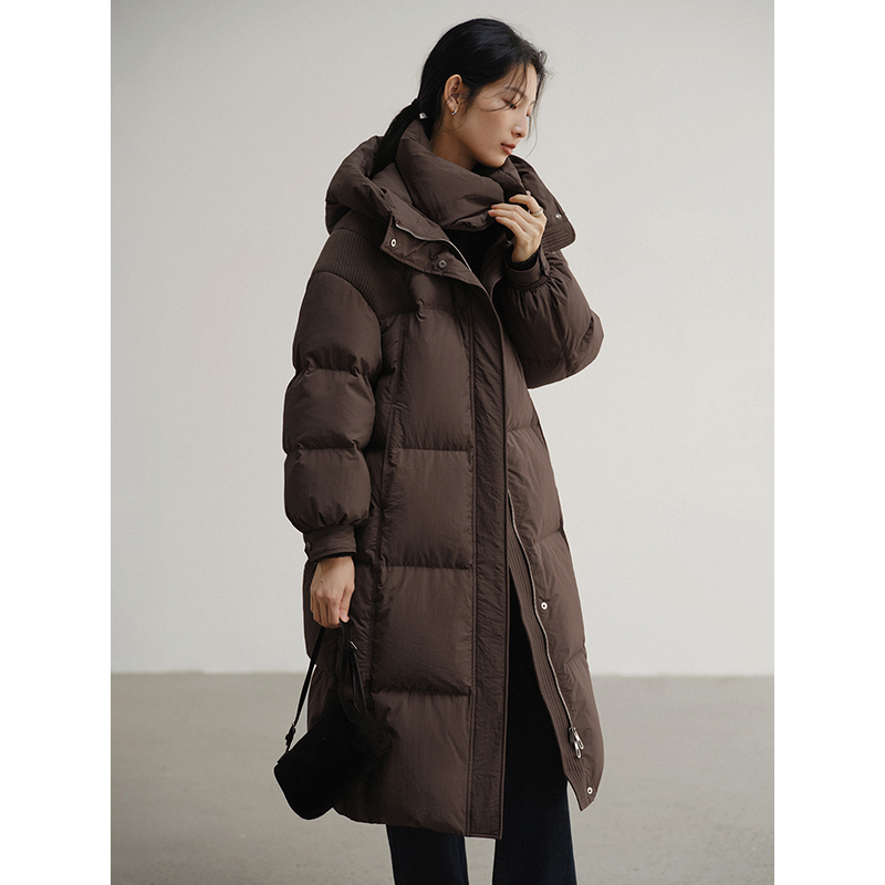 素典【霜月】休闲宽松连帽羽绒服女中长款针织拼接高级感保暖1416