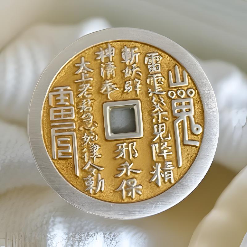 吊坠足银 32mm直径山鬼花钱双面描金纪念吊坠挂坠