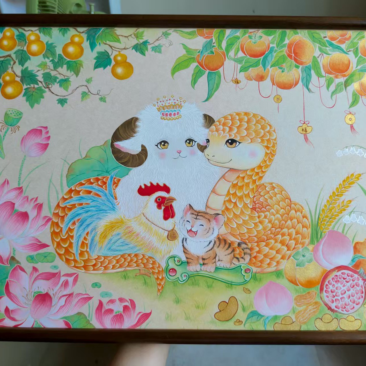 工笔画实木摆台，生肖全家福，尺寸30*40，不同题材不同尺寸均可定制