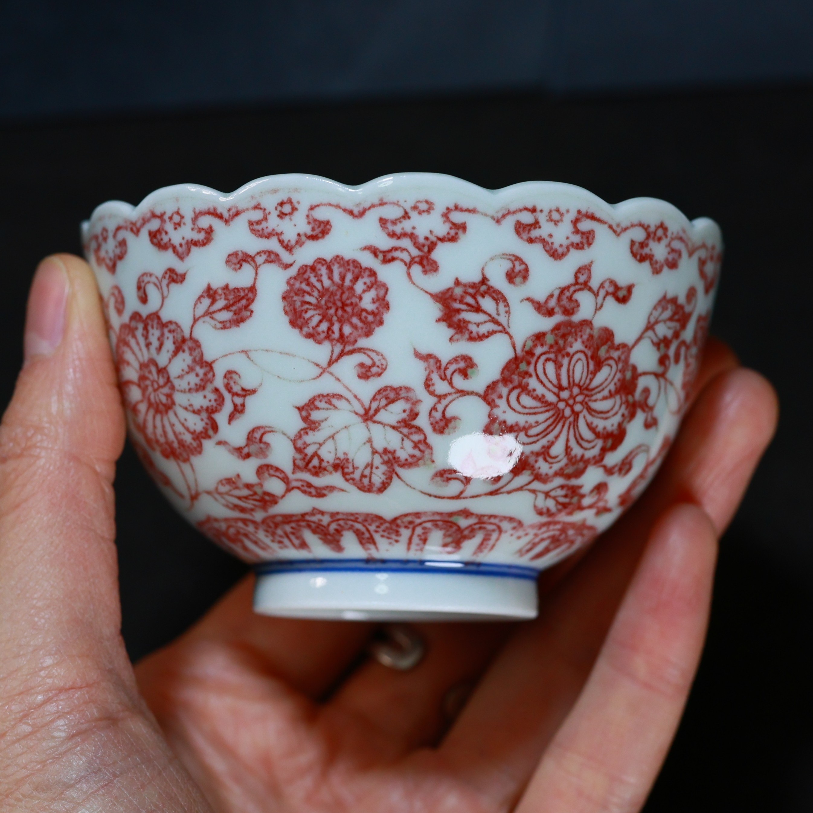 釉里红全红茶杯葵口主人杯花边口缠枝莲经典景德镇瓷器约120CC