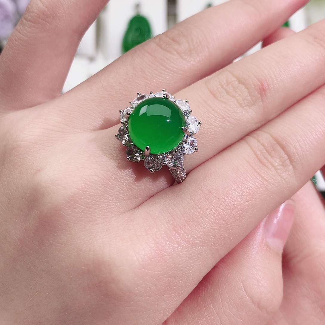 是***呀玛瑙/玉髓银S925镶嵌戒指纯天然珠宝玉石正品满钻圆戒指银