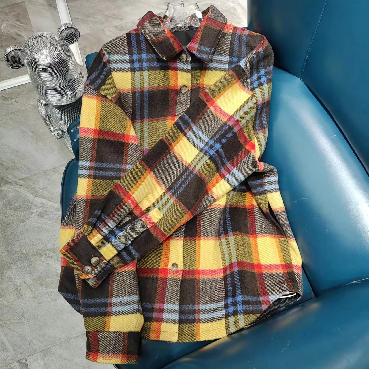 JY2WT1469 绣花设计感小熊装饰显瘦格子百搭休闲短外套女