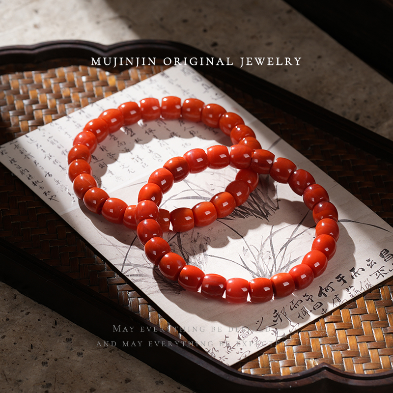 【木槿槿】天然柿子红直切南红玛瑙手串女款气质时尚手链多样性发一