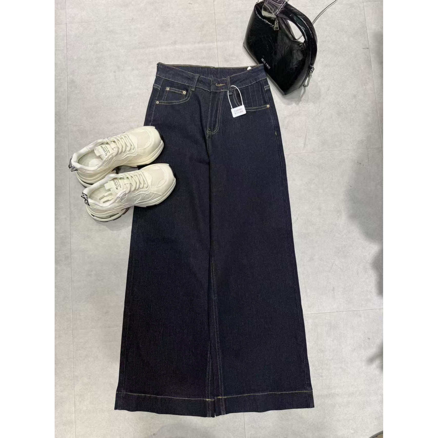 W4760 王仙女2 复古蓝色直筒宽松牛仔裤女秋装小众高腰显瘦阔腿裤