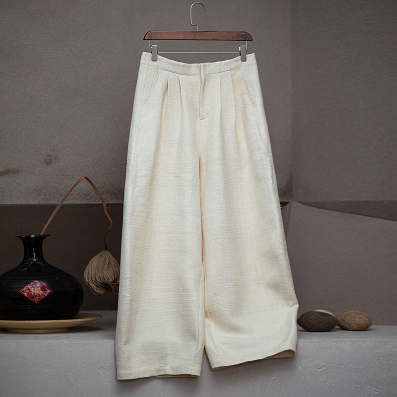 原创女装白色复古宽松中式纯色中国风提花休闲裤