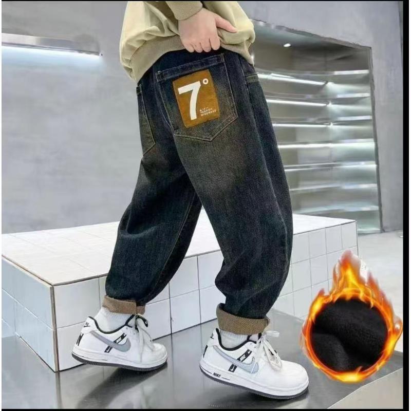 200954童装男童加绒牛仔裤2025冬韩版潮酷时尚加绒加厚宽松牛仔裤
