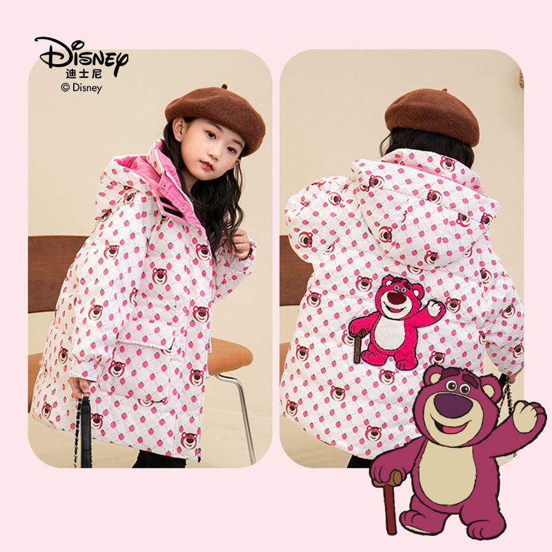 Disney/迪士尼草莓熊儿童中长款加厚羽绒服女童保暖连帽中大童