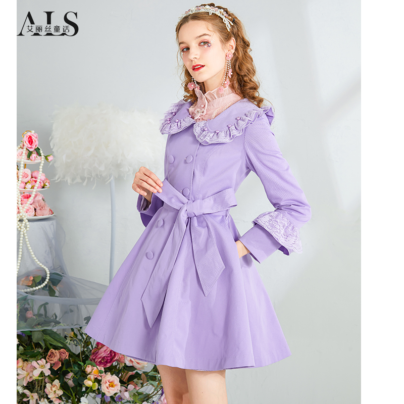 春季娃娃领紫色蕾丝拼接风衣外套甜美泡泡袖短款大衣女HF605QG