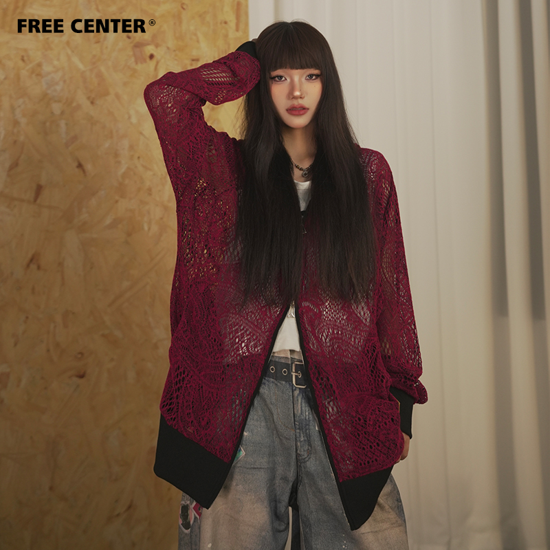 Free Center定织定染腰果花镂空薄外套男女同款夏季宽松显瘦罩衫