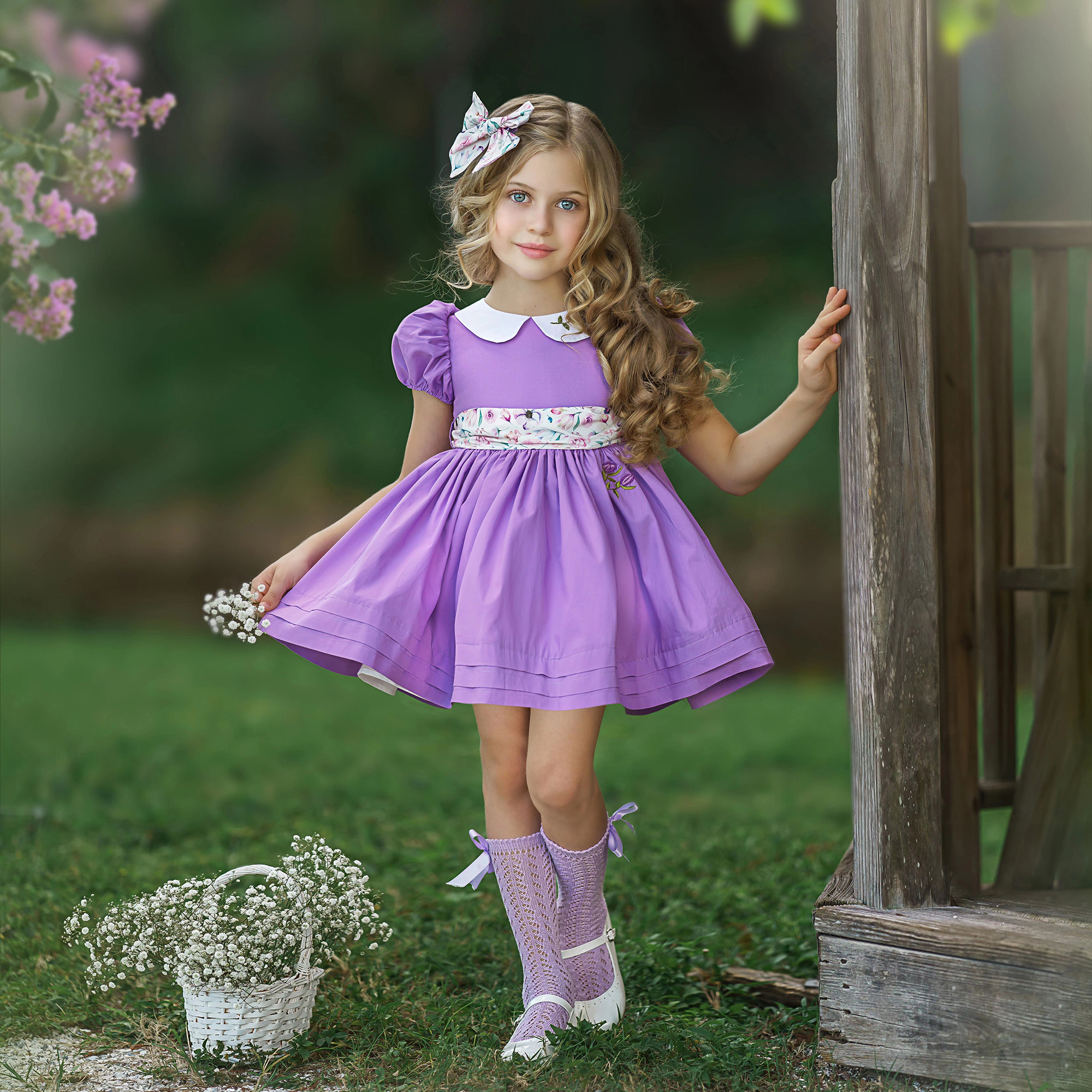 jannybb紫色府绸手工绣花女童韩版连衣裙套装（图片发夹不含在内）