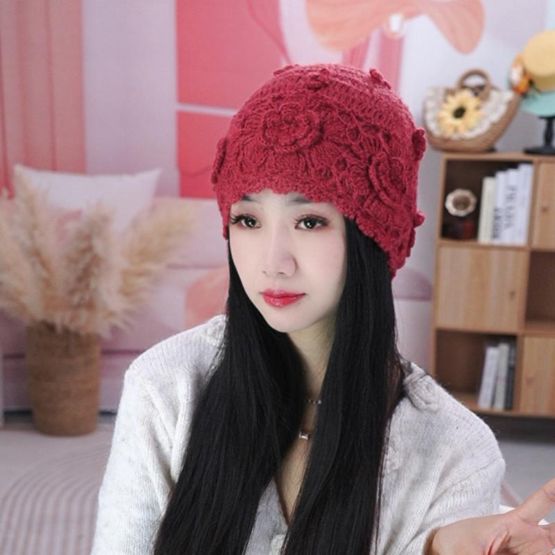 帽子女双层手工钩花套头帽保暖针织帽秋冬毛线帽百搭休闲包头帽潮