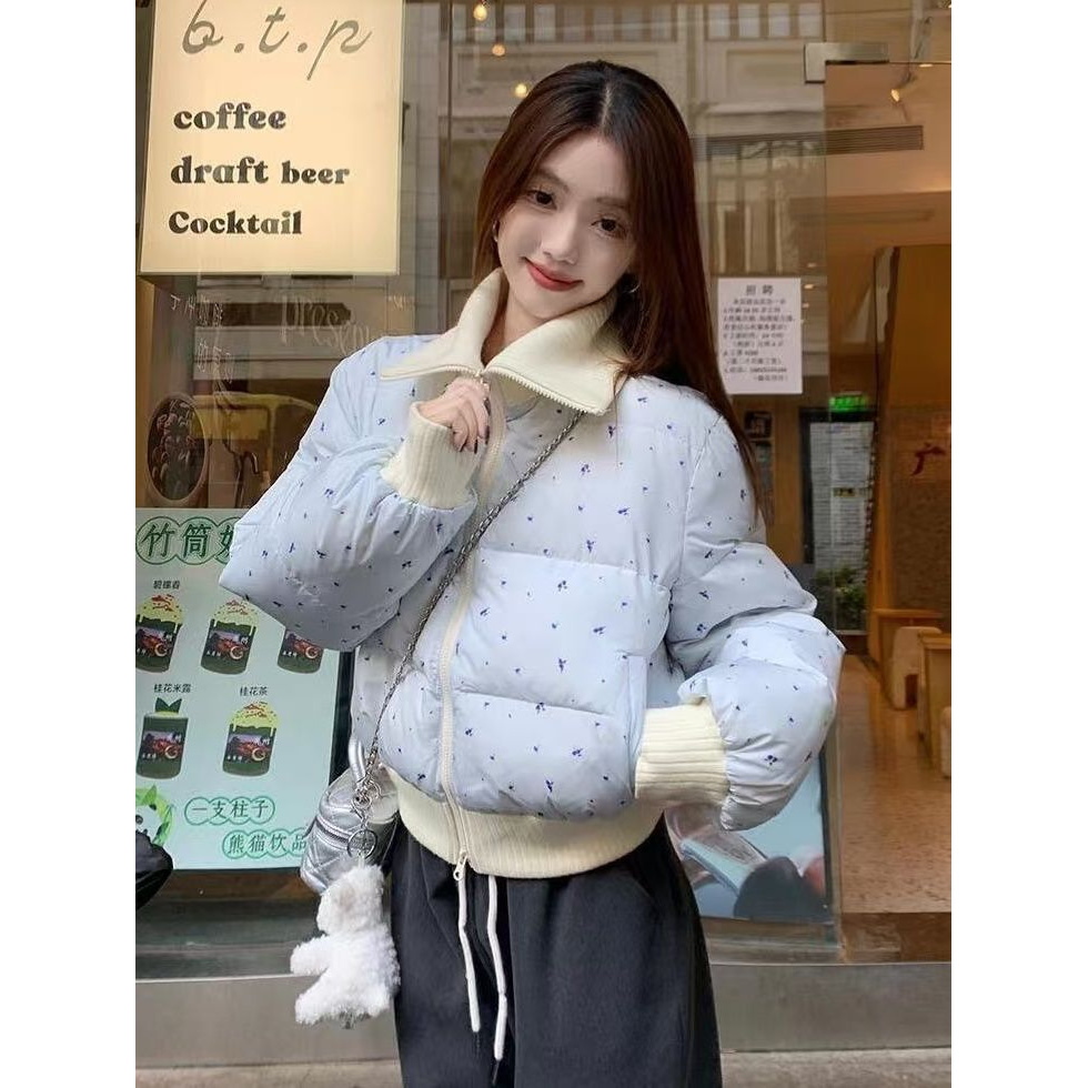 奶蓝色碎花翻领短款拉链棉服外套女冬季新款小个子百搭保暖面包服