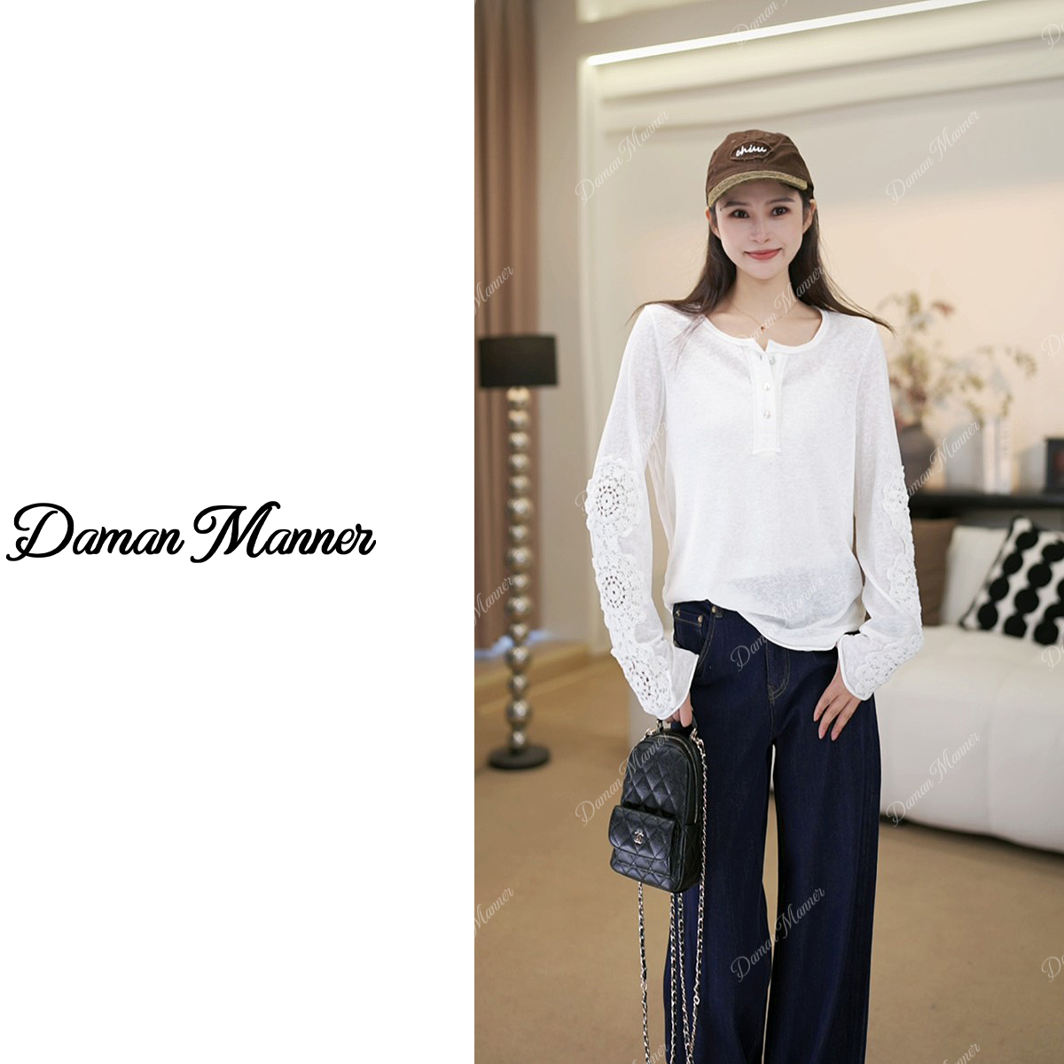DAMAN | 亚麻宽松蕾丝长袖白色圆领T恤秋季休闲打底衫DM25357