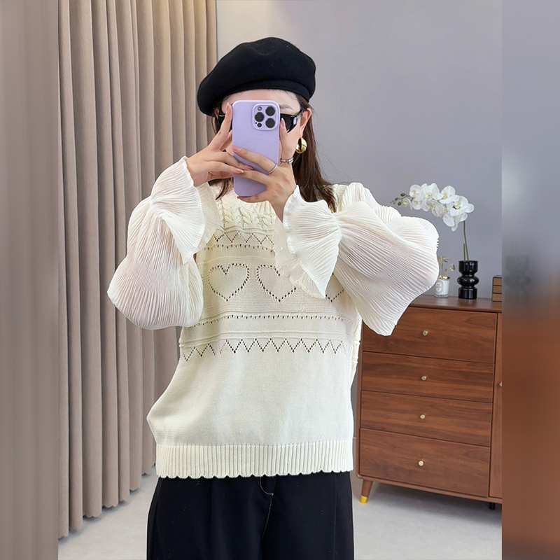 【霏霏专属】2025秋款大码女装雪纺拼接假两件针织衫-F587