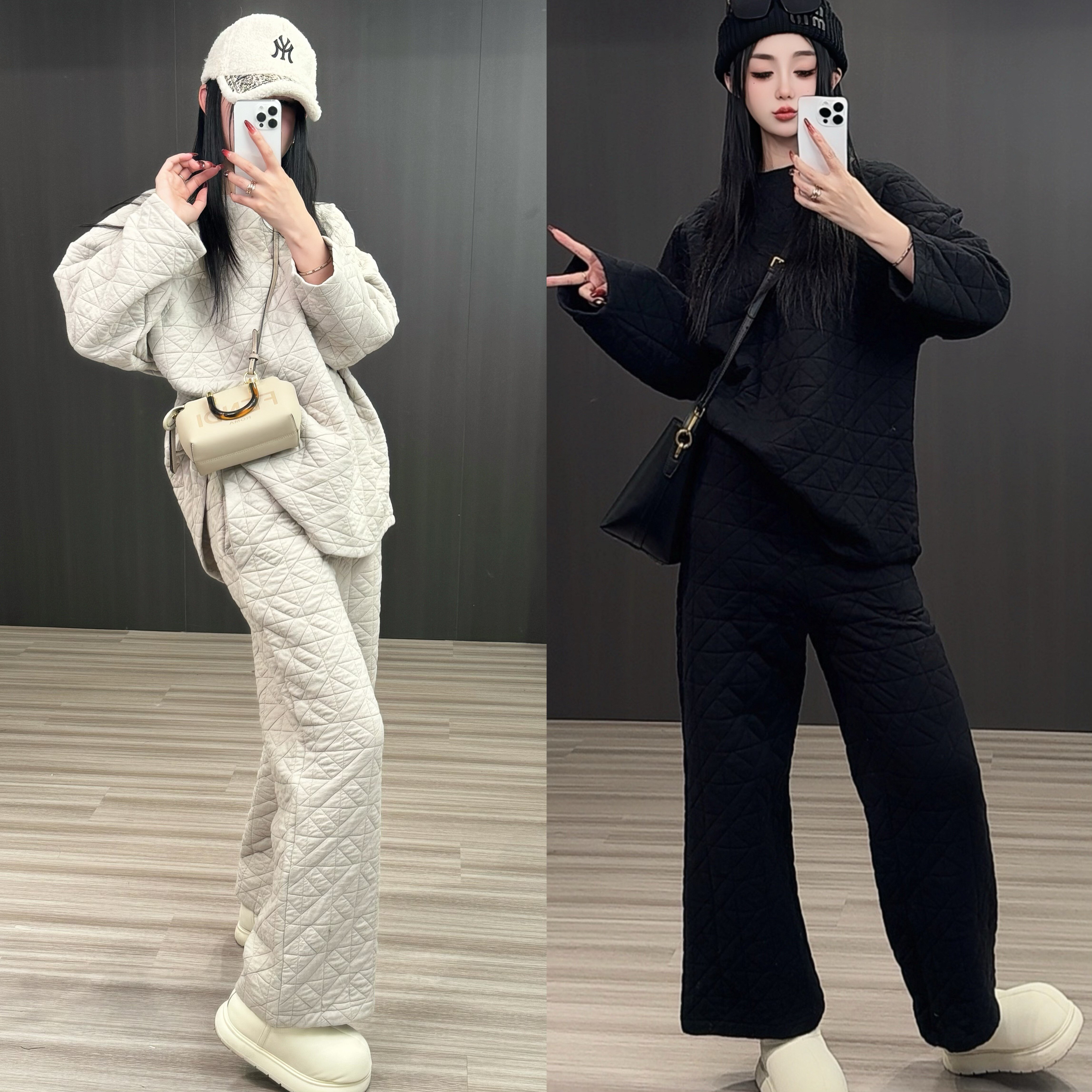 菱格压线夹棉套装女2024冬季新款宽松V领上衣高腰阔腿裤两件套