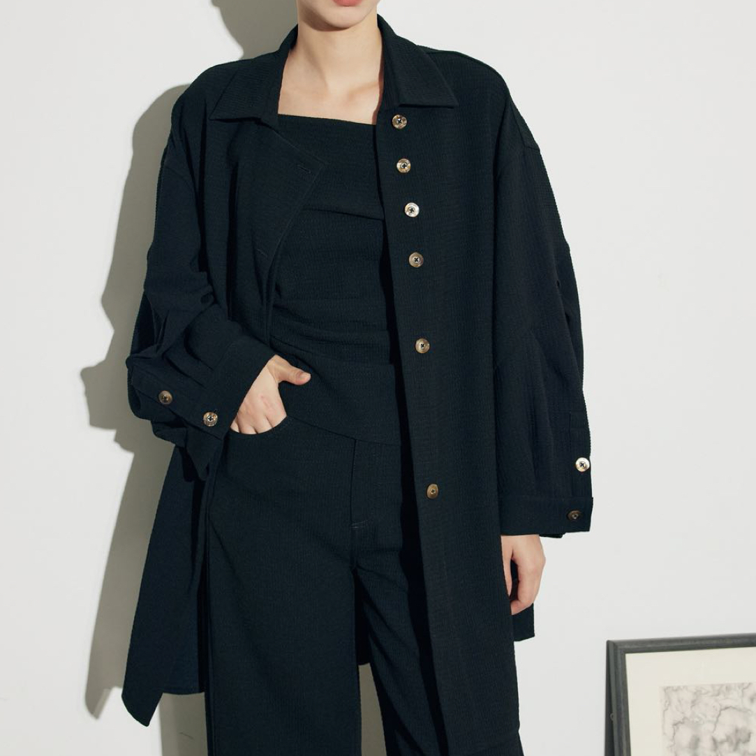 南油金H设计师款复古英伦风中长款翻领肌理感外套