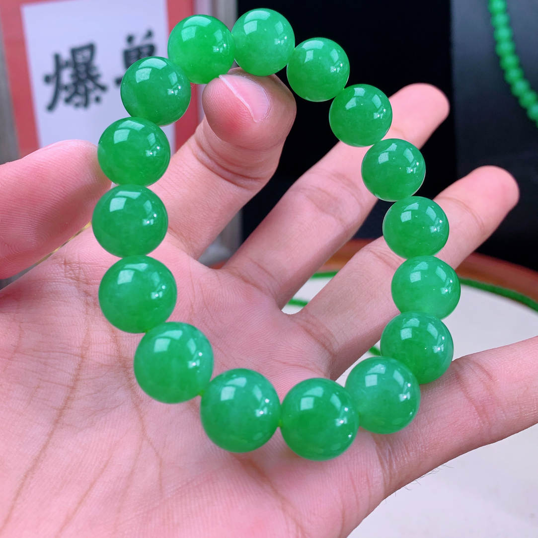 有种有色｜四会源头缅甸天然翡翠A货高货冰透冰阳绿起胶满绿手串