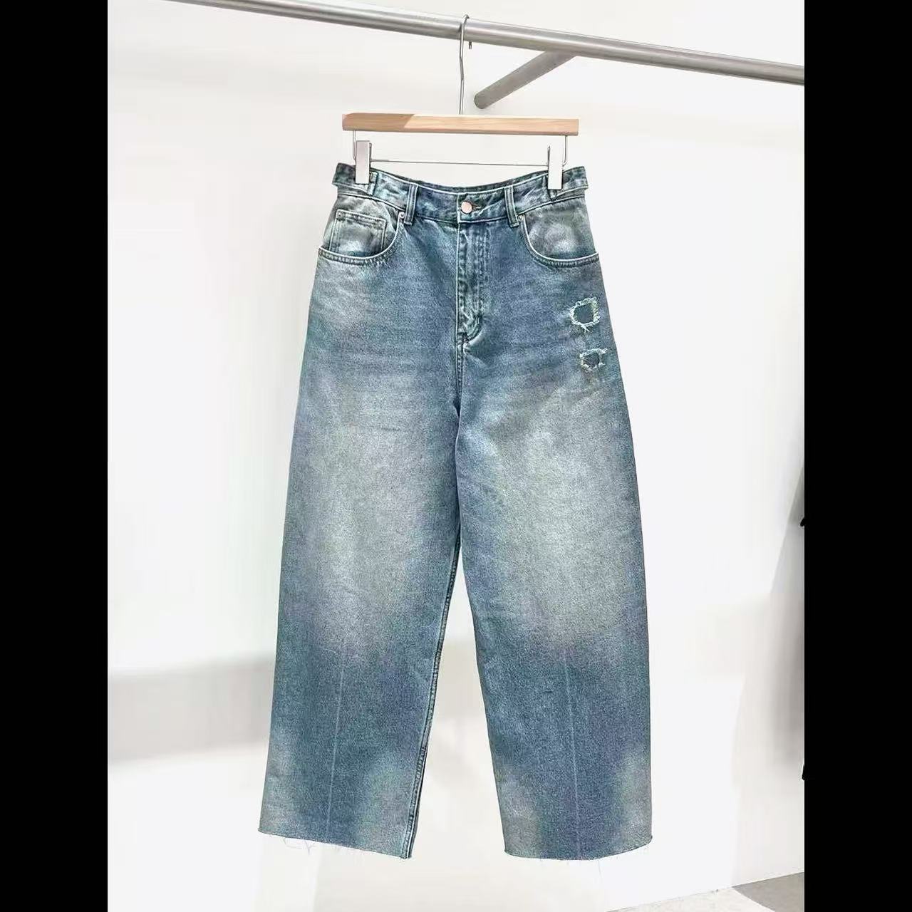 /苗苗家/『别样牛仔』新款水洗磨破洋气腰扣可以调节显瘦抓毛牛仔裤