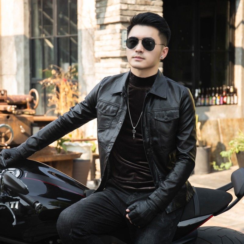 皮衣男外套翻领四季通用皮衣春秋季青年帅气男士机车皮夹克男