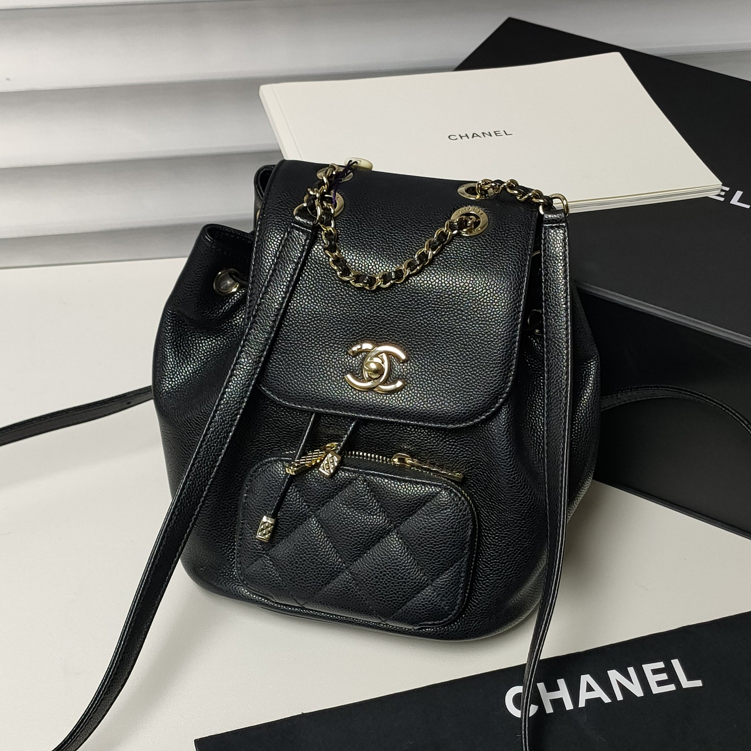 95新 Chanel/香奈儿 Azul-22b黑金荔枝牛皮affinity小双肩包37210