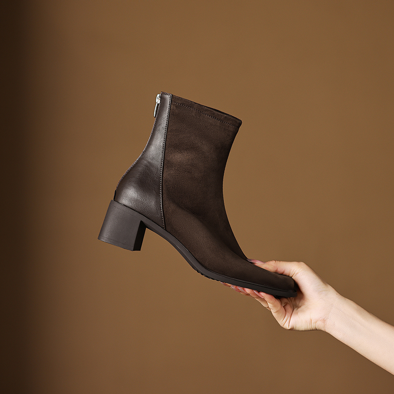 羊翻皮粗跟5厘米职业风短靴女 大码圆头秋冬法式马棕色单靴瘦瘦靴