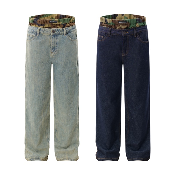 DK9123迷彩双腰头重磅牛仔裤子