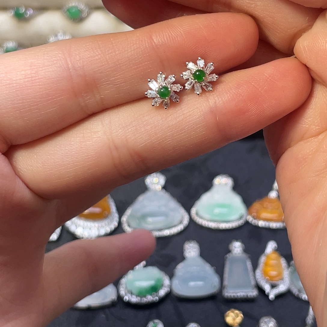 翡翠银S925镶嵌耳饰耳钉