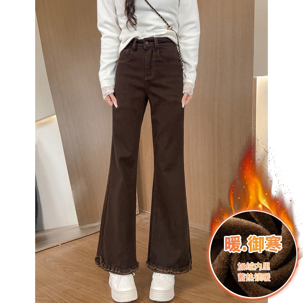 315美拉德咖色微喇牛仔裤女冬季新款加绒加厚高腰宽松九分喇叭裤