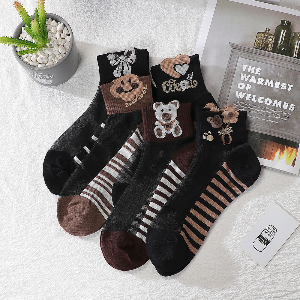 韩版新款花与小熊中筒薄款袜子水晶女袜棉夏季时尚短袜