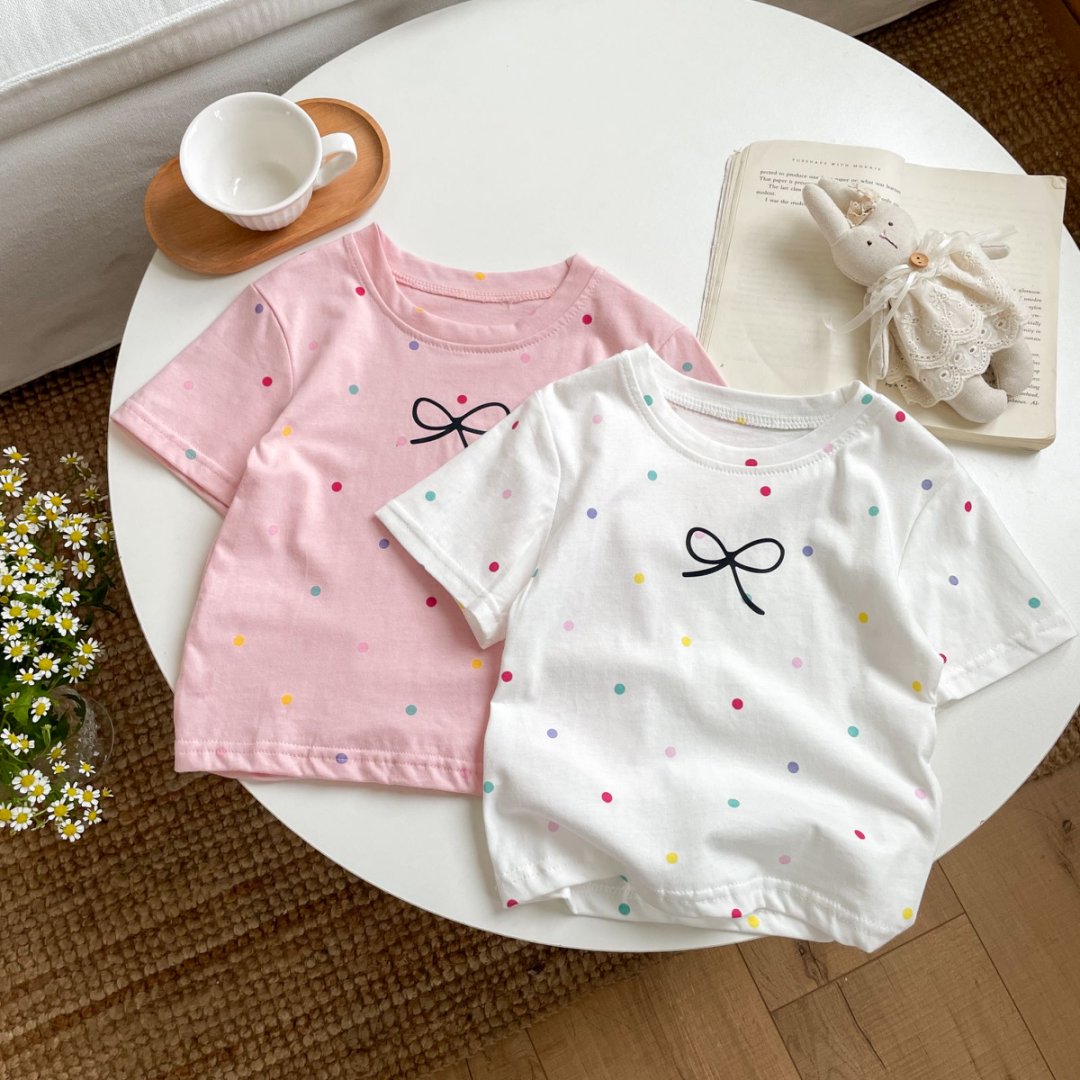 纯棉女童短袖T恤波点上衣宝宝夏季2025新款吸汗透气印花卡通可爱