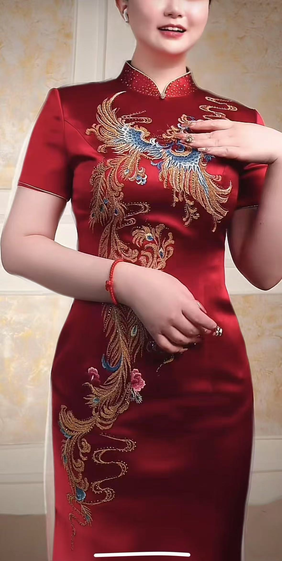 御颖旗袍【凤翱九天】新款喜婆婆妈妈婚宴装醋酸手工长旗袍礼服002