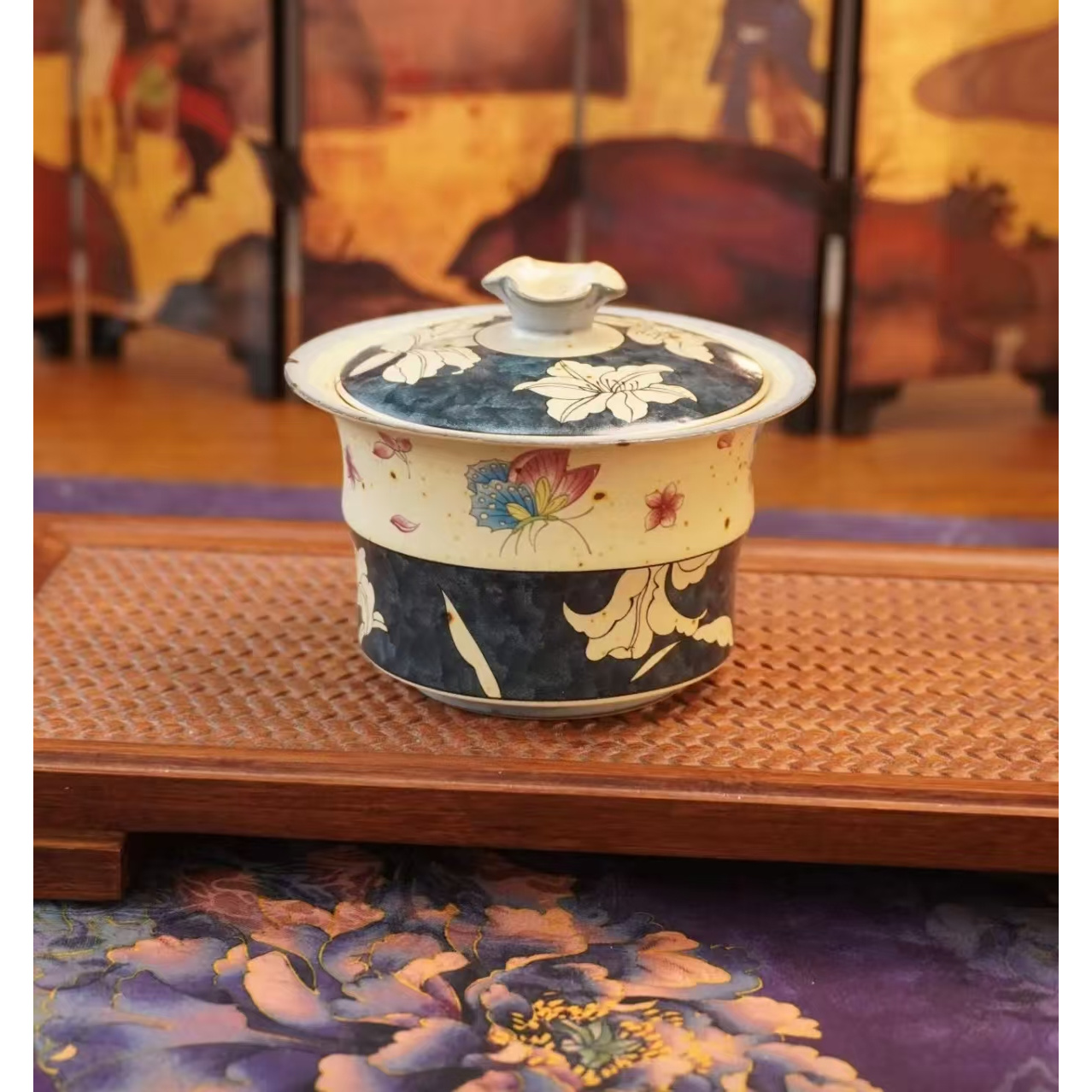 火石蝶恋花竹节二才盖碗