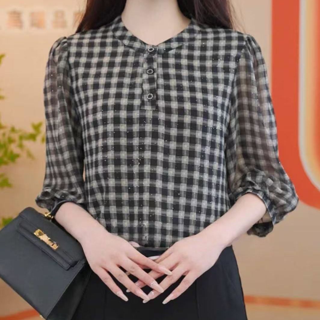 A10024#女士新款时尚百搭三粒扣格子衬衫