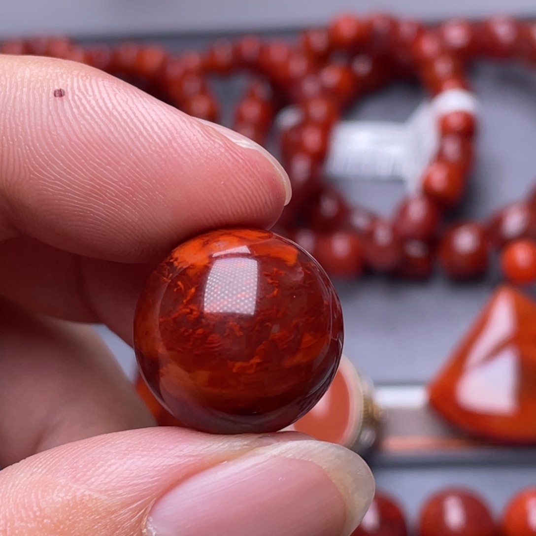 放***界南红玛瑙未镶嵌南红玉石18.8mm瓦西牛血火焰纹单珠