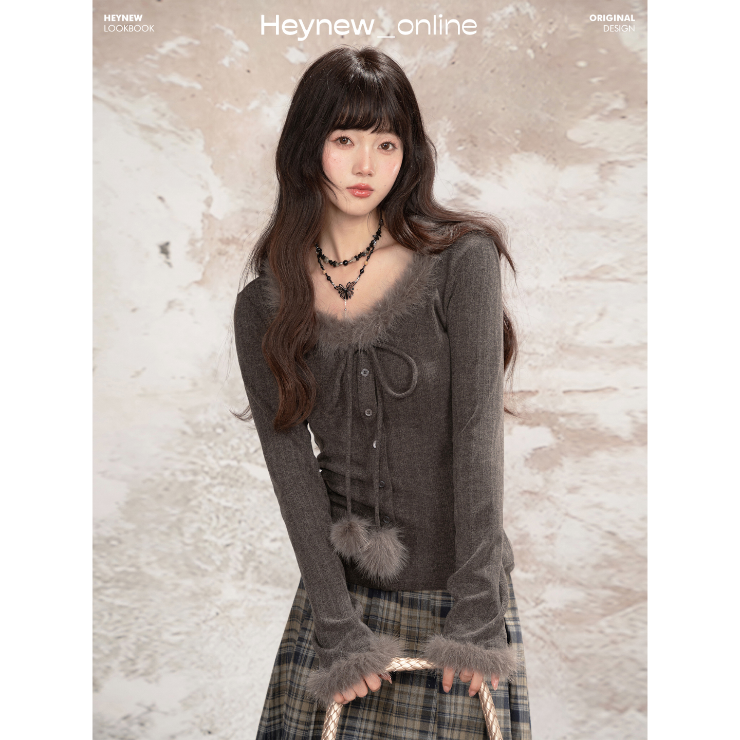 LOVEHEYNEW气质小众毛领系带针织衫女秋冬季显瘦内搭上衣-5Q882