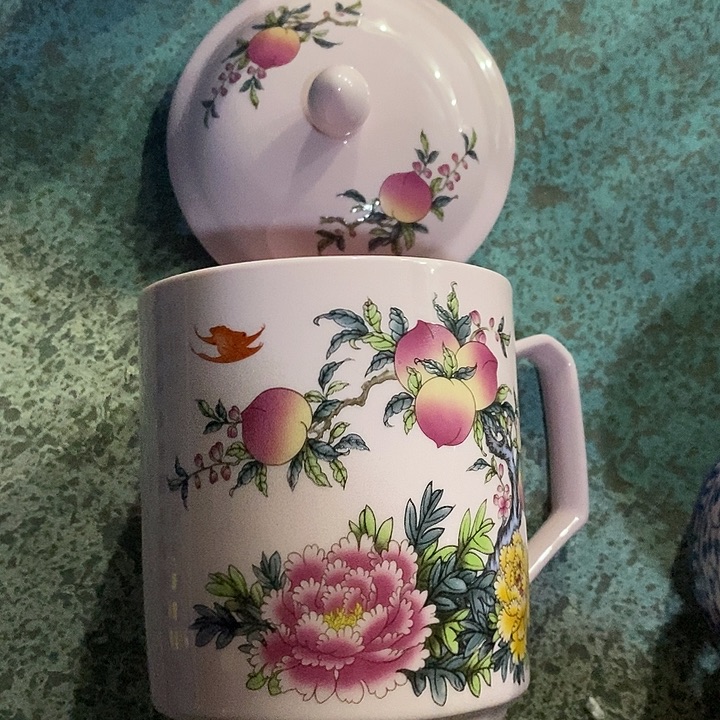 摆件陶红稀土寿桃牡丹办公杯